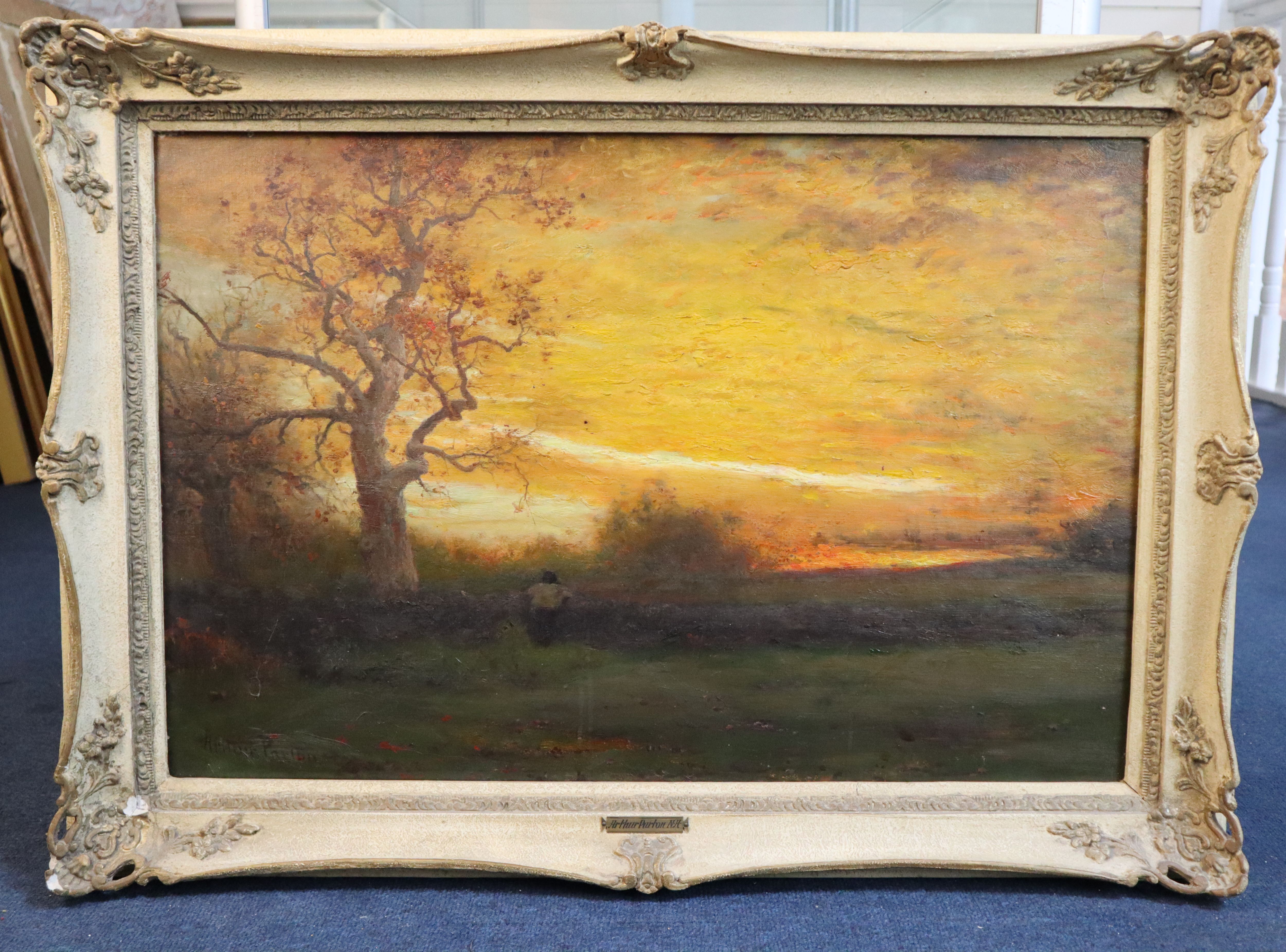 Arthur B. Parton (1842-1914) Figure in a landscape at sunset 18 x 26.5in.